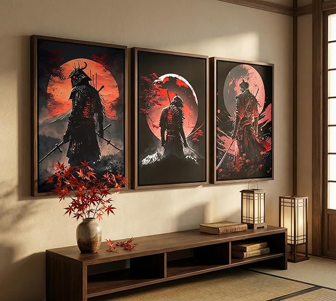 3pcs Japan Samurai Canvas Wall Art Japanese Bushido Posters Prints Paintings Japanese Style Full Moon Ninja Wall Decor Pictures for Living Room Bedroom Home Artwork Decoration Unframed