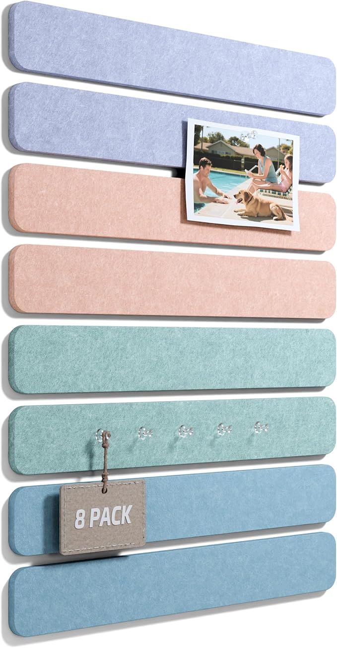 Cork Board Alternative Felt Strip Board 8-Pack 13"x2", Office Pin Board with 50 Push Pins, Adhesive Install for Bedroom Door & Home Office(Coastal Haze)
