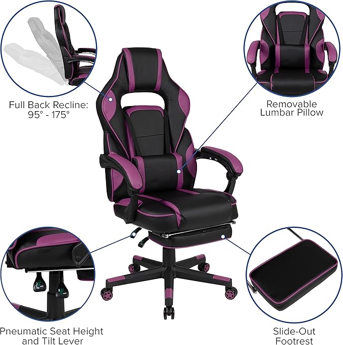 Flash Furniture X40 Gaming Chair Racing Ergonomic Computer Chair with Fully Reclining Back/Arms, Slide-Out Footrest, Massaging Lumbar - Black/Purple