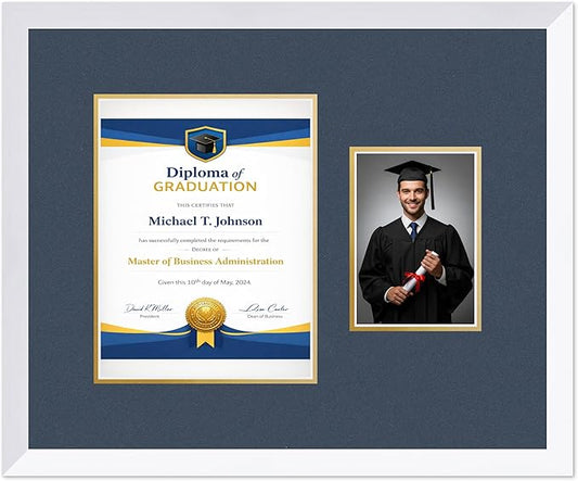Diploma Frame With Photo Opening Bright White Navy Blue Over Gold Mat - Fits 8.5 x 11 Degree and Picture Made in the USA