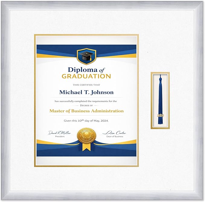 Diploma Frame with Tassel Holder 21.25 x 21 Stainless Silver Shadowbox Oyster Shell Over Gold Mat - Fits 11 x 14 Degree Made in the USA