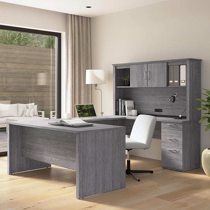 Bestar U or L Shaped Desk with Drawers and Hutch, Executive Workstation for Home or Professional Office, 66 Inches, Logan Collection, Bark Grey