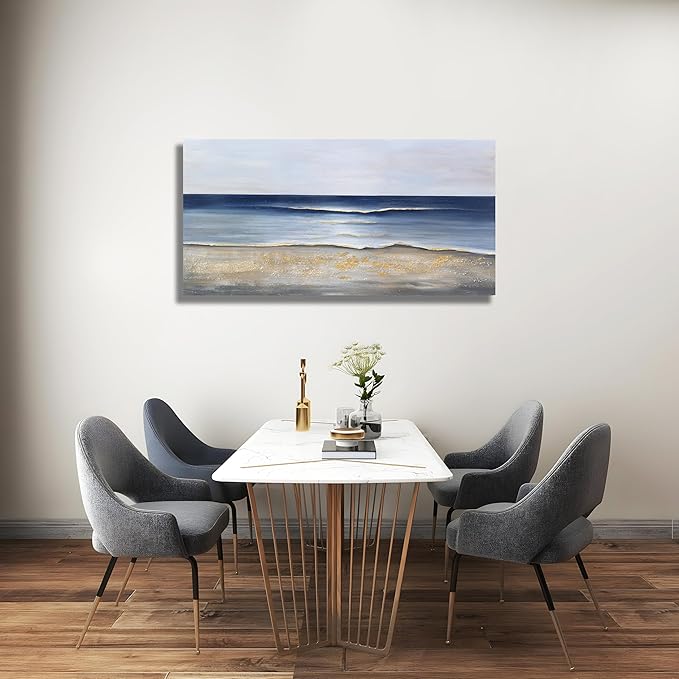 Yuaxker Ocean Wall Art Blue and Gold Modern Minimalist Wall Decor Sea Wave and Beaches Canvas Painting for Living Room Bedroom Dinning Room Home Office Home Decor 24x48 inch