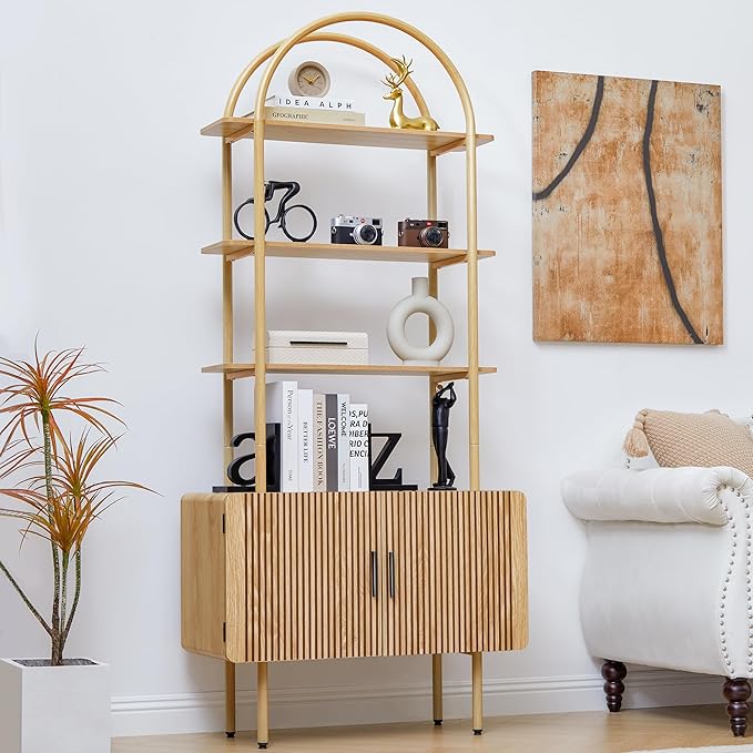 71" Tall Fluted Arched Bookshelf with Doors, Mid Century Modern Metal Bookcase Cabinet with Storage, 4-Tier Industrial Organizer Rack Storage Shelves for Home Office, Living Room (Natural)