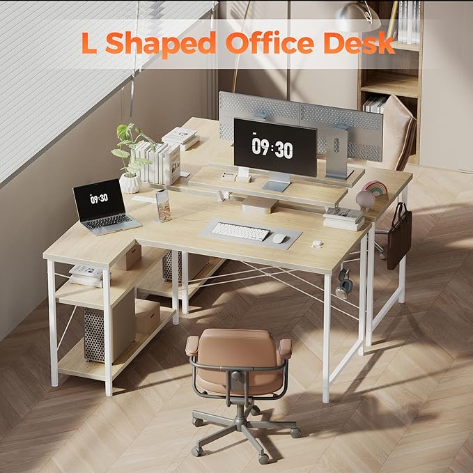 Mericonia Small L Shaped Computer Desk with Power Outlets, Reversible Gaming Desk with Storage Shelves & Monitor Stand, Corner Gamer Desk Table, Study Writing Table