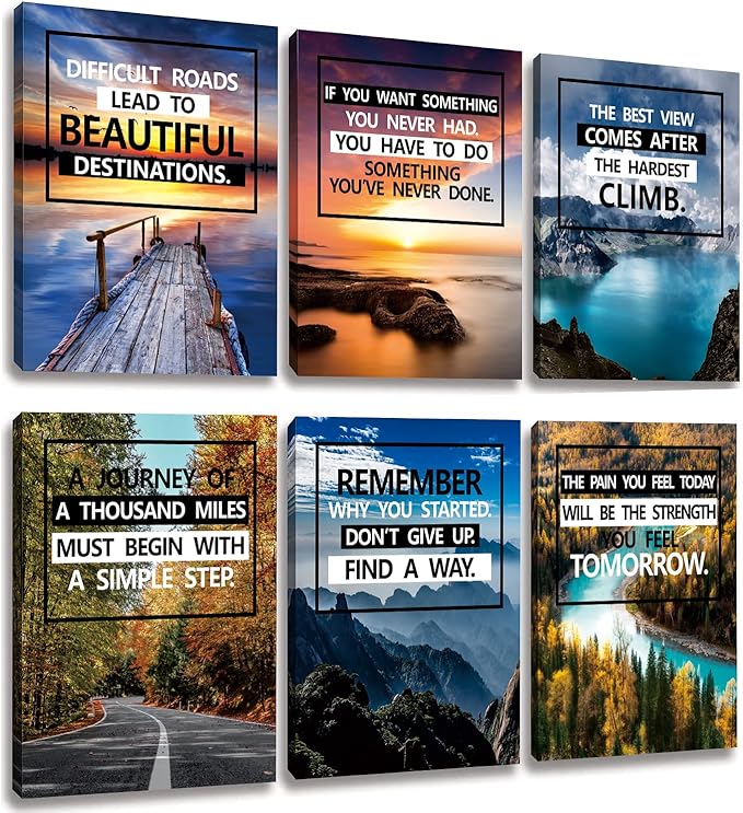 Inspirational Canvas Decoration Painting, landscape Canvas Wall Art，Suitable for Library, School, Gym,Office， Living Room Decor,6-Pack，Tabletop/Hanging(20.32 x 25.4 cm) Framed