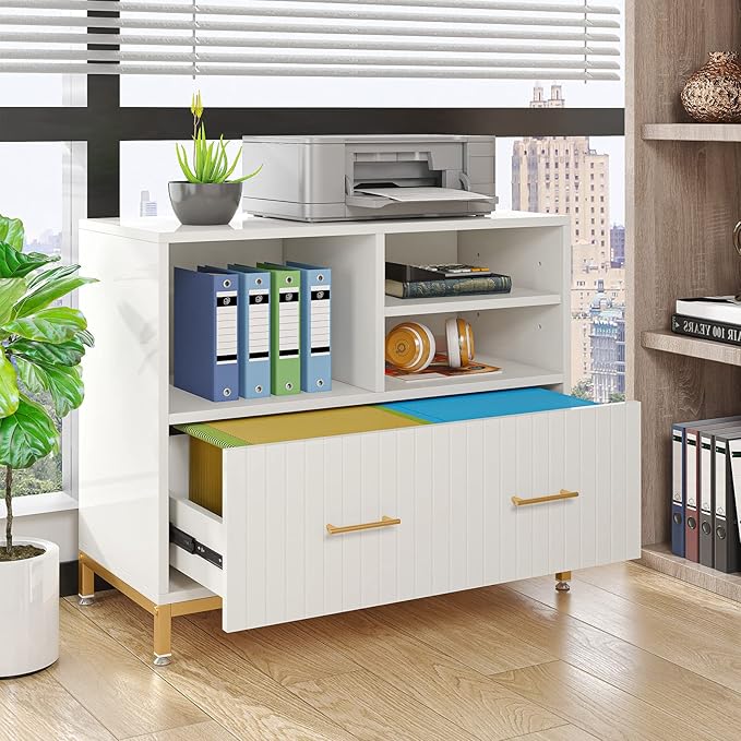 Tribesigns Lateral File Cabinet with Drawer, White Filing Cabinet for Letter/Legal/A4 Size Files, 35.4" Modern Wood File Storage Cabinets Printer Stand with Storage for Home, Office, White Gold