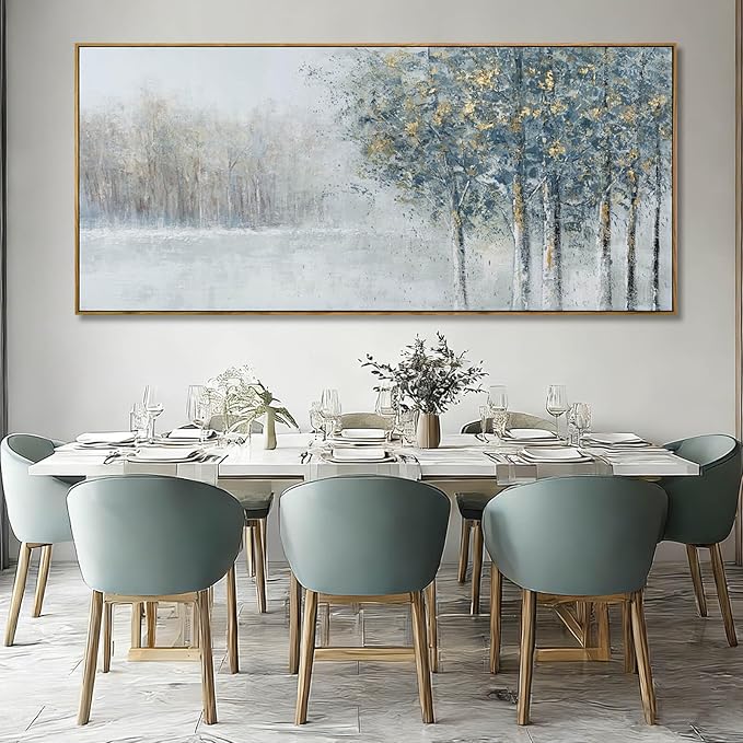 ZENPEE Blue Abstract Wall Art and Grey Tree Textured Forest Scene, 32x71 Oversized Canvas Wall Decor for Living Room Bedroom Entryway