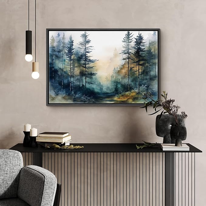 SIGNFORD Framed Canvas Print Wall Art Pine Tree Forest Nature Wilderness Realism Decorative Landscape Relax/Calm for Living Room, Bedroom, Office - 16"x24" Black