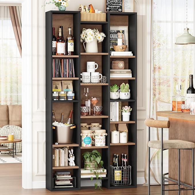 FOTOSOK 71'' Tall Bookshelf with 21 Cubes, 8 Tier Triple Wide Bookshelf with 8 Adjustable Shelves, 35" Large Bookcase DVD/CD Media Tower Storage, Freestanding Display Shelf Cabinet, Black/Brown