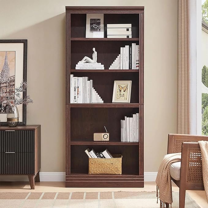JAHRSTIM Halston Standard Bookcase, Adjustable Storage Open Display Shelving Unit for Home and Office Space, 31.49”L x 13.77”W x 72.8”H, Dark Cherry