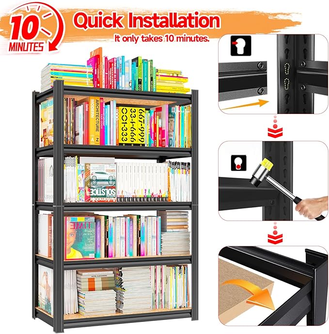 30"W Steel and wood Book Shelf, 5 Tier Wooden Bookcase, 1500LBS Display Shelving, Adjustable Utility Shelf Organizere, Standing Storage Shelves for Study, Bedroom, Living Room and Home Office, Black