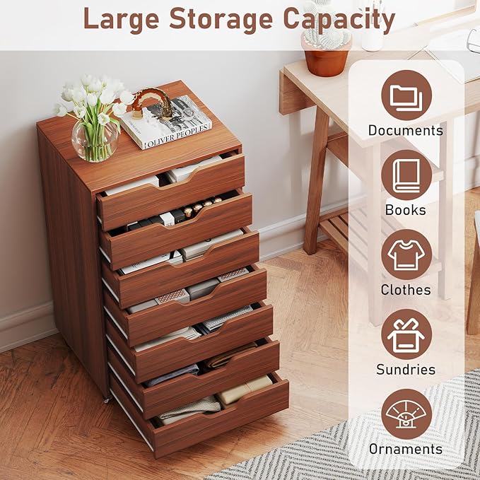 7 Drawer File Cabinet, 34.5" Vertical Storage Drawer Cart, Under Desk Office Organizer, Wooden Printer Stand, Rolling Filing Cabinet for Home Office (Walnut)