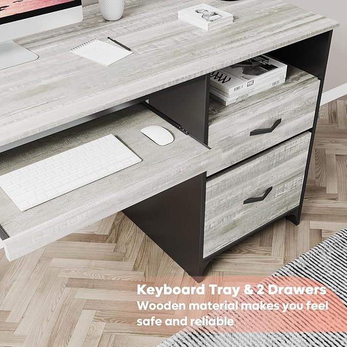 Bestier Office Desk with Drawers, 55 inch Industrial Computer Desk with Storage, Wood Teacher Desk with Keyboard Tray & File Drawer for Home Office, Wash White