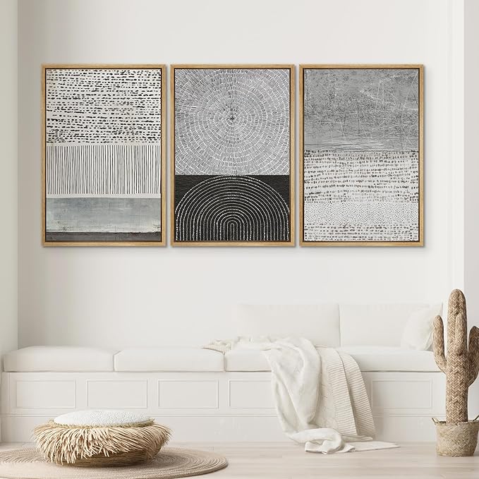 SIGNWIN Framed Canvas Print Wall Art Set Industrial Black & Gray Collage Abstract Geometric Illustrations Minimalism Modern Art Decorative Boho for Living Room, Bedroom, Office - 16"x24"x3 Natural