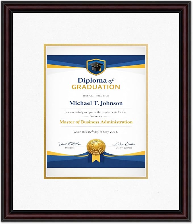 Diploma Frame Executive Brown with Oyster Shell Over Gold Double Mat - Fits 8.5 x 11 Certificate (Portrait) Wall Display Made in the USA