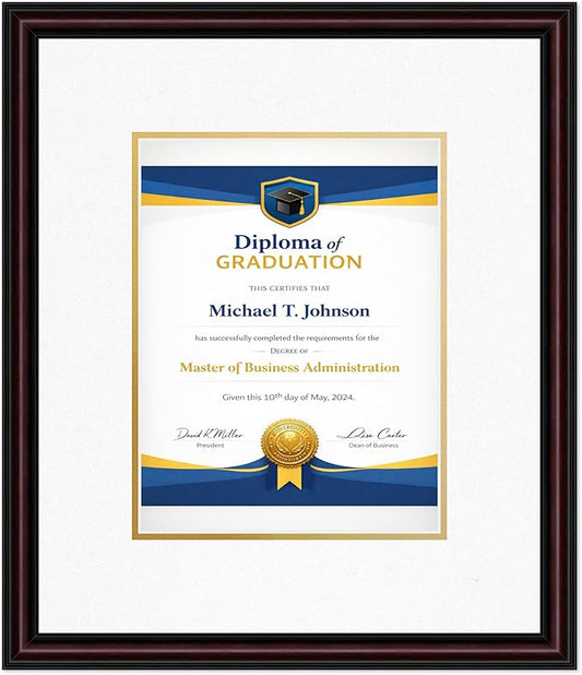 Diploma Frame Executive Brown with Oyster Shell Over Gold Double Mat - Fits 8.5 x 11 Certificate (Portrait) Wall Display Made in the USA