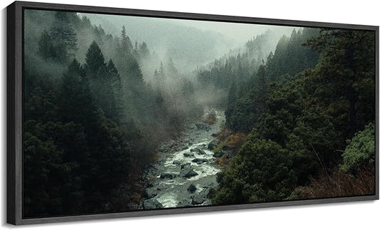 SIGNFORD Extra Large Framed Canvas Misty Forest River Landscape Nature Photography Illustrations Modern Art Calm Warm for Living Room, Bedroom, Office - 60"x30"
