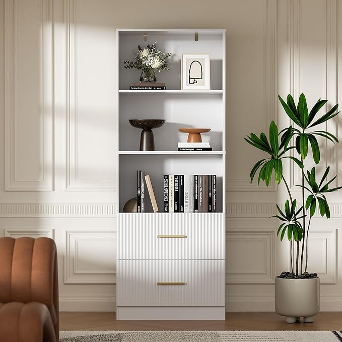 White Bookshelf with Fluted Drawers, 63" Tall Modern Bookshelf with Storage, 3 Tier Bookshelf with Adjustable Shelf, Open Shelves Bookcase, Unique Book Shelf for Home Office, White