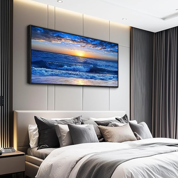 Sea Beach Framed Canvas Wall Art For Living Room Wall Decor For Bedroom Home Decor Blue Ocean Canvas Pictures Artwork Sunny Sea View Wave Painting Office Wall Decorations Black Framed 20" X 40"