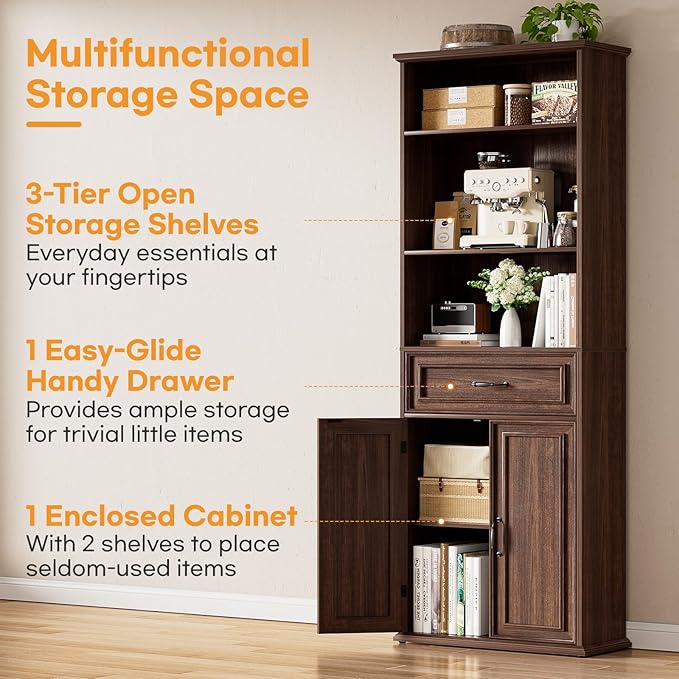 Cyclysio 80" Tall Bookcase Set of 2, Farmhouse 2 Set Bookshelves with Drawer and Doors, Floor Standing 6 Shelf Display Storage Cabinet for Home Office, Living Room (2, Black Walnut)