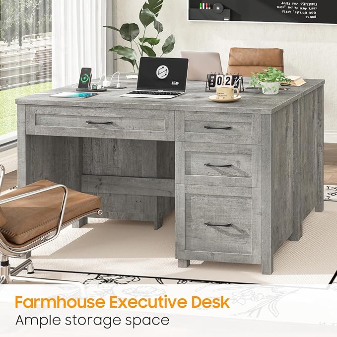 Farmhouse 47" Executive Desk, Computer Desk with File Drawer and Charging Station, Workstation for Home Office, Study（Grey）.