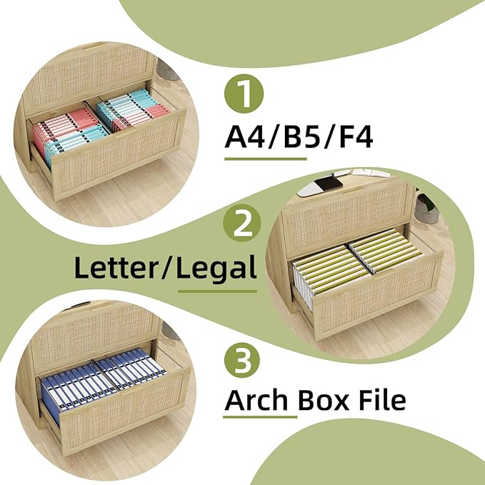 HOPUBUY 2 Drawer File Cabinet with Lock, Printer Stand Lateral Filing Cabinets for Home Office and School, Wood Rattan File Cabinet for Hanging Files/Letter/Legal/A4/F4 Size, Natural Wood
