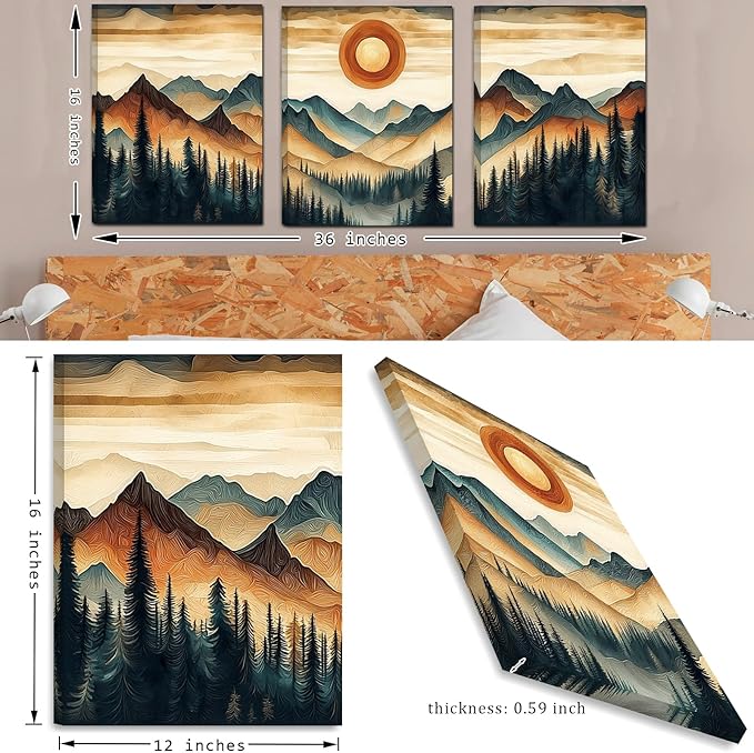 Framed Mountain Canvas Wall Art, Tree Ring Landscape Wall Decor, Forest Scenery Wall Art for Bedroom Bathroom Kitchen Living Room Home (Framed, 12x16in, Set of 3)