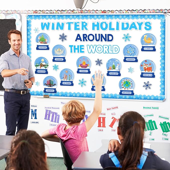 JarThenaAMCS Winter Bulletin Board Set Classroom Decorations Holiday Around The World Educational Paper Cutouts for Seasonal School Chalkboard Wall Decor