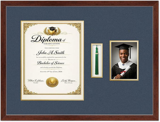 CountryArtHouse Diploma Tassel and Photo Shadowbox Fits 11 x 14 College Diploma (Portrait) with Tasse Rustic Walnut Genuine Hardwood with Navy Blue Over Metallic Gold Double mat
