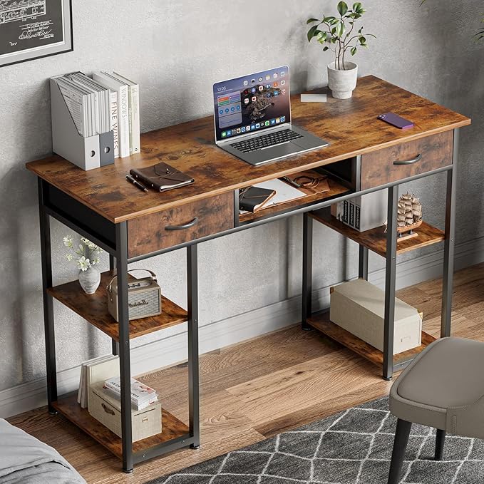 Sweetcrispy Desk with Fabric Drawers, Computer Office 48 Inch Gaming Writing Study 4 Storage Shelves Table for Home Office Bedroom PC Desk, Pure Brown