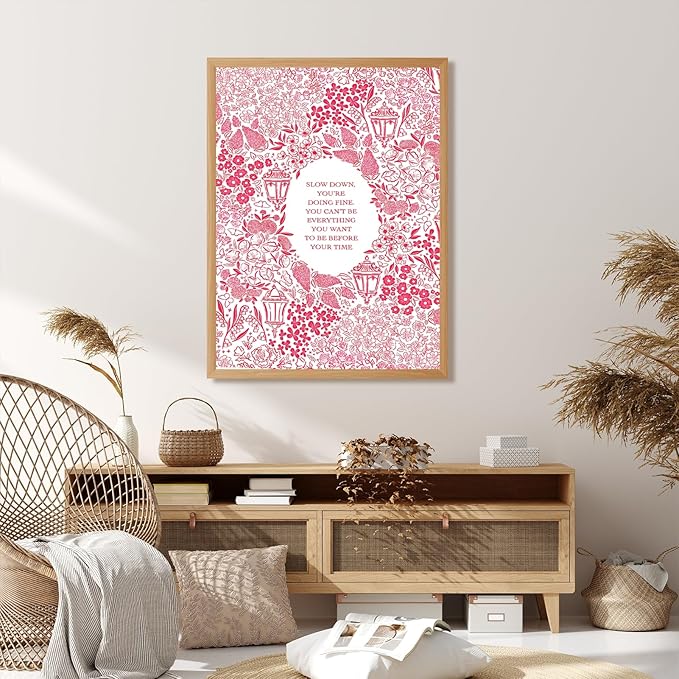 Slow Down You're Doing Fine Music Posters Motivational Quote Pink Wall Art Vintage Floral Positive Daily Reminder Song Lyrics Canvas Print Aesthetic Office Home Decor 12x16inch Wood Color Framed