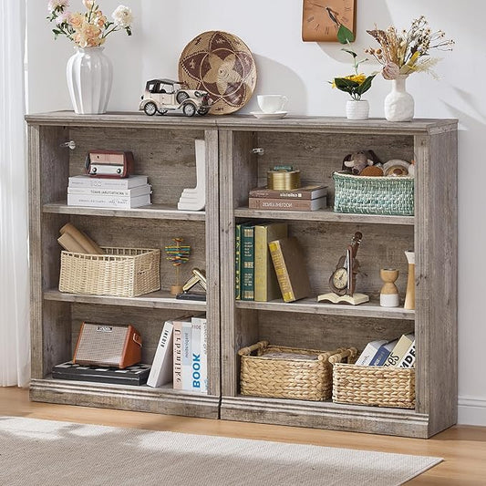 43" Grey Tall Bookshelf Set of 2,3-Tier Thick Wooden Book Shelf with Adjustable Shelves,Free Standing Farmhouse Bookcase with Open Display Storage,Floor Vintage Bookshelves for Living Room