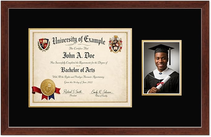 CountryArtHouse Fits 13 x 10 College Diploma (Traditional) and 5 x 7 Photo Diploma and Photo Frame Rustic Walnut Genuine Hardwood with Black Over Metallic Gold Double mat