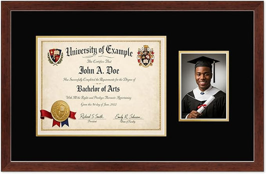 CountryArtHouse Fits 13 x 10 College Diploma (Traditional) and 5 x 7 Photo Diploma and Photo Frame Rustic Walnut Genuine Hardwood with Black Over Metallic Gold Double mat