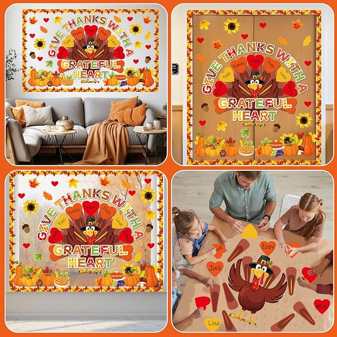Fall Thanksgiving Turkey Bulletin Board Decorations Set Autumn Grateful Classroom Decor Thankful Maple Leaf Heart Paper Cutout for Harvest Party Back to School Classroom Chalkboard Wall Supplies Favor