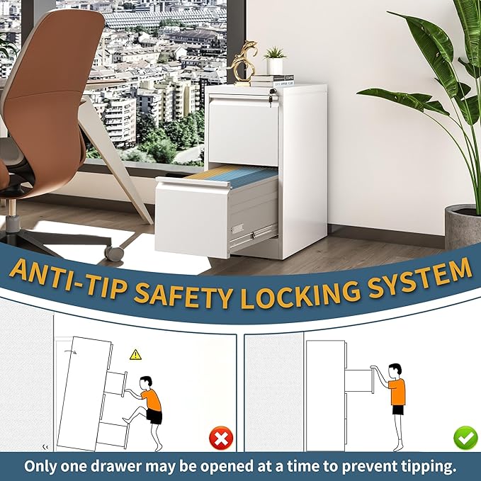 2 Drawer File Cabinet with Lock, Narrow Vertical Filing Cabinets for Home Office, Under Desk Storage Cabinet, Heavy Duty File Cabinet, Amssebly Required, White