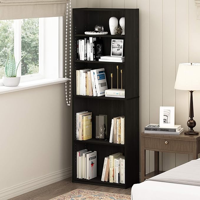 Furinno Jaya Book Shelf Set of 2, 5-Tier Bookshelf, Bookcase, with Adjustable Shelf, 9.5 x 24.5 x 71, for Home Office, Living Room, Espresso