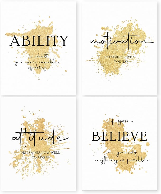 HRQKO Office Gold Inspirational Wall Art Poster Prints Set of 4, Motivational Wall Art, Modern Gold Artwork Prints Posters Wall Decor, Affirmations Prints for Office Women Men 8”x10” Unframed