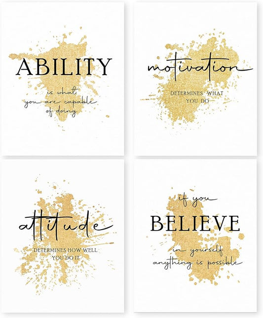 HRQKO Office Gold Inspirational Wall Art Poster Prints Set of 4, Motivational Wall Art, Modern Gold Artwork Prints Posters Wall Decor, Affirmations Prints for Office Women Men 8”x10” Unframed