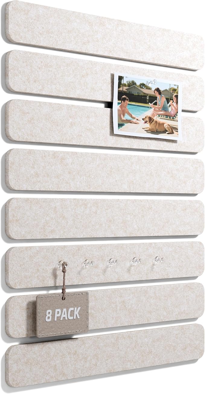 Fluxynara Cork Board Alternative Felt Strip Board 8-Pack 13"x2", Office Pin Board with 50 Push Pins, Adhesive Install for Bedroom Door & Home Office(Oatmeal)