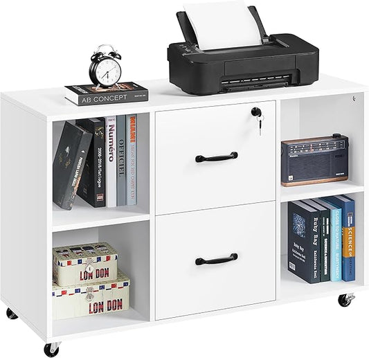 Yaheetech White File Cabinet Mobile Letter Size File Cabinet with 2 Drawers and 4 Open Storage Shelves Large Mobile Lateral Filing Cabinet Printer Stand for Home and Office