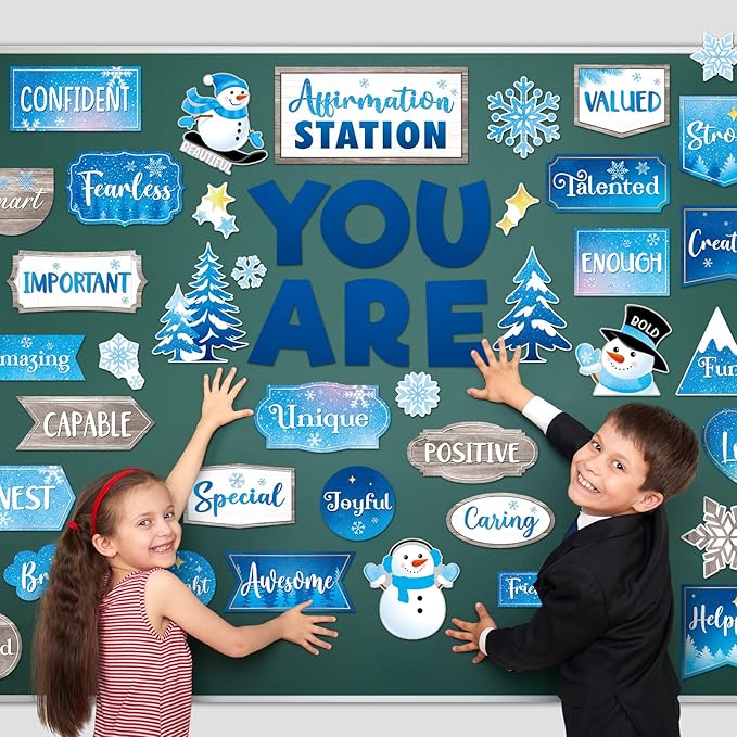 45pcs Winter Affirmation Station Bulletin Board Set Motivational Posters Classroom Mirror Growth Mindset Decor Positive Affirmations Accents Cutouts for School Office Home Teacher Wall Supply