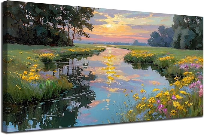 Arjun Landscape Canvas Wall Art Sunset Vibrant Wildflower Flower Field Nature Scene Scenery River Painting, Textured Framed Picture Large Artwork for Living Room Bedroom Wall Decor 40"x20"