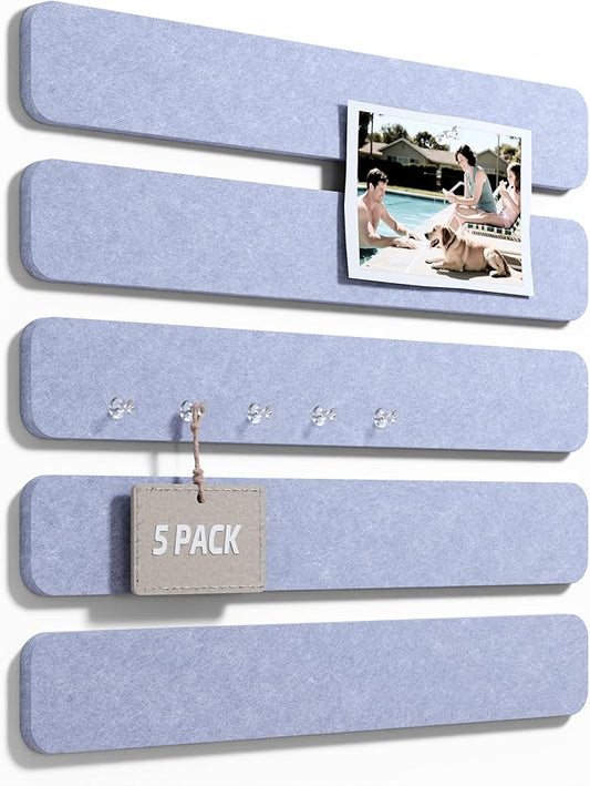 Fluxynara Cork Board Alternative Felt Strip Board 5-Pack 13"x2", Office Pin Board with 35 Push Pins, Adhesive Install for Bedroom Door & Home Office(Soft Periwinkle)