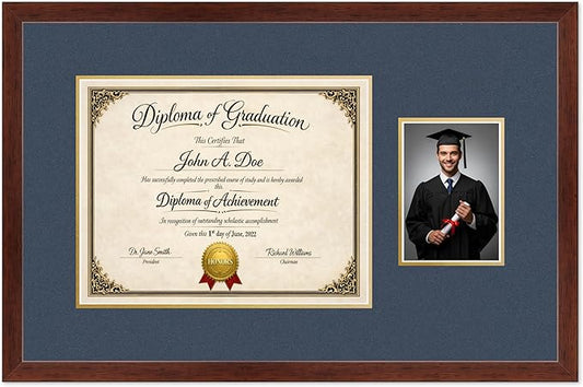 Diploma Frame With Photo Opening Rustic Walnut Navy Blue Over Gold Mat - Fits 14 x 11 Degree and Picture Made in the USA