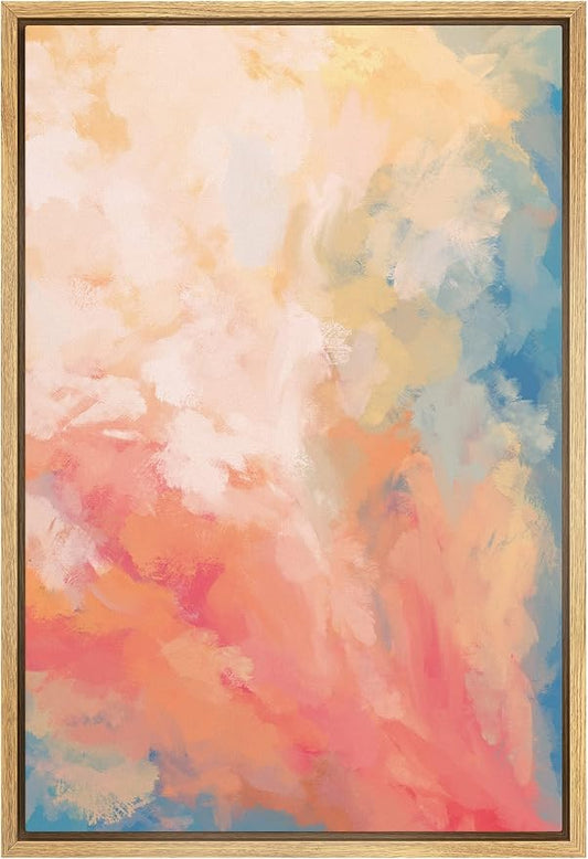 SIGNFORD Framed Canvas Print Wall Art Vibrant Pastel Paint Stroke Mosaic Abstract Shapes Digital Art Modern Art Decorative Colorful Zen Multicolor for Living Room, Bedroom, Office - 16"x24" Natural