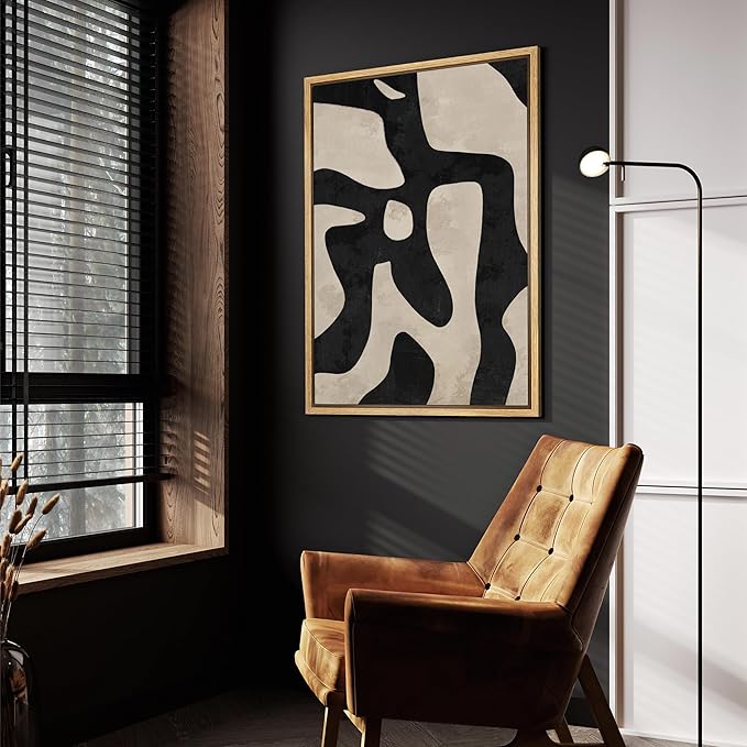 SIGNFORD Framed Canvas Print Wall Art Abstract Fluidity Black and Beige Illustrations Modern Art Decorative Boho Relax/Zen Nordic for Living Room, Bedroom, Office - 24"x36" Natural