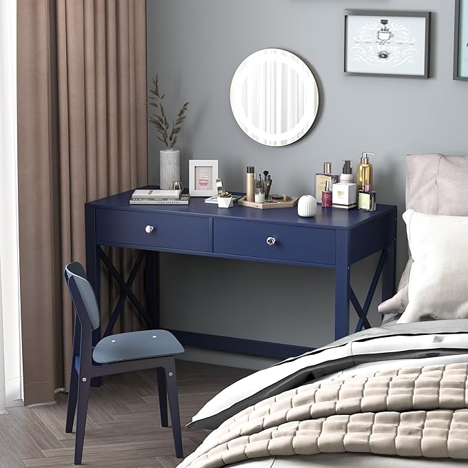 WiberWi Home Office Desk with Drawers, Modern Writing Computer Desk for Bedroom, Small Navy Makeup Vanity Table Study Table