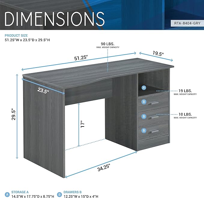 51" Classic Computer Desk with Drawers, 3-Drawer Home Office Desk with Storage, Grey